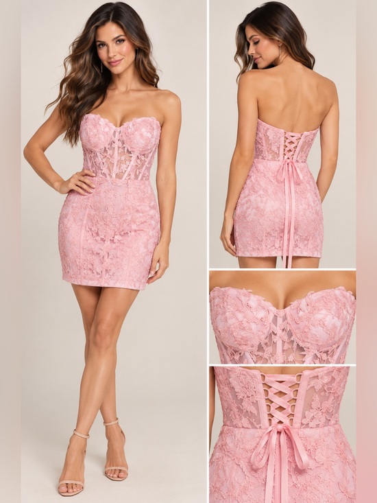 Dresses & Skirts - Pink Floral Lace Corset Strapless Mini Dress Size 0
